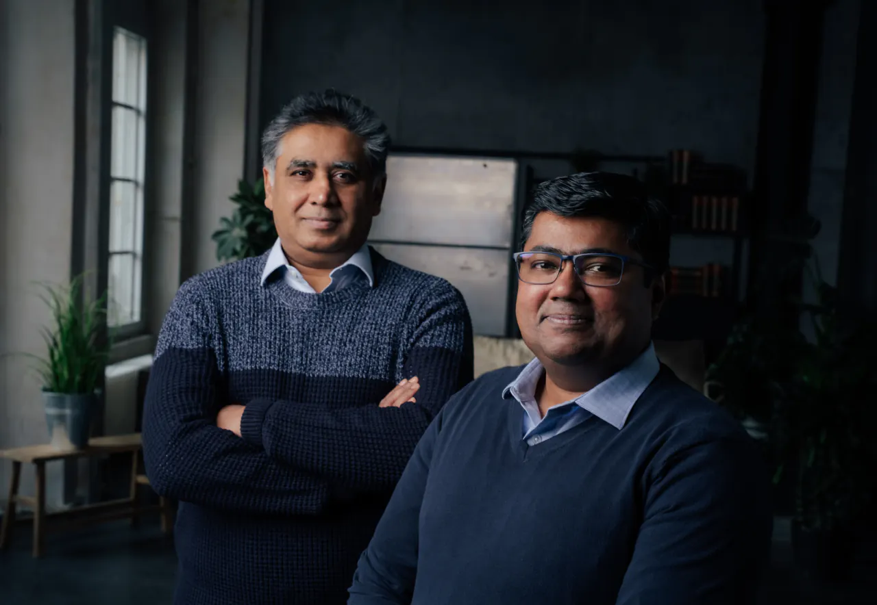 Sherry Kunjacha, CTO and co-founder of eternal.ag, standing (left), and Renji John, CEO and co-founder of eternal.ag, standing (right)
