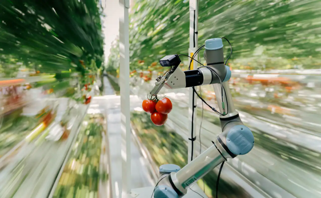 The Harvester arm with a blurry, high-speed background, in a greenhouse, showing the speed of the bot